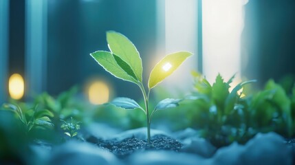 Wall Mural - single ai-driven sensor monitoring plant growth, minimalistic scene with soft light and ample copy s