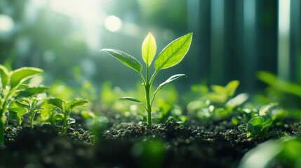 Wall Mural - single ai-driven sensor monitoring plant growth, minimalistic scene with soft light and ample copy s