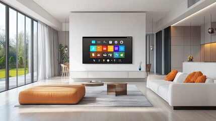Poster - modern living room featuring a smart tv with a colorful app interface, blending seamlessly with the 