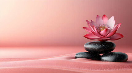 Poster - A serene arrangement of a lotus flower on stacked stones.