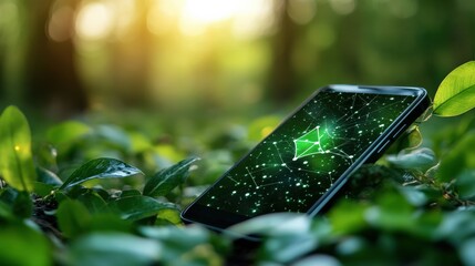 Wall Mural - simple ai-powered app tracking sustainable energy use on a smartphone, minimal scene with large copy
