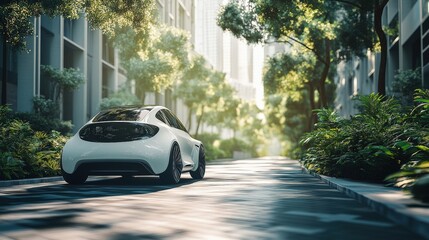 Wall Mural - single ai-powered electric vehicle in a sustainable urban setting, minimalistic scene with large emp