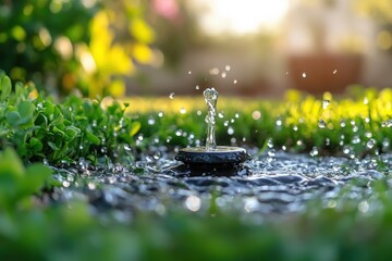 Wall Mural - minimal ai-controlled water conservation system in a garden, soft natural light, ample copy space fo