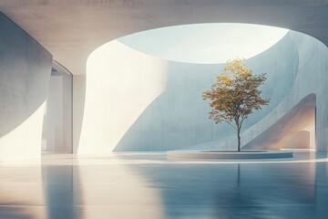 Wall Mural - minimal ai-powered building with sustainable architecture, soft light, ample empty space surrounding