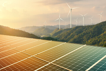 wind turbine with solar panels on top mountain.clean energy.energy supply,wind turbine,eolic turbine