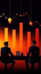 Poster - Two professionals analyzing financial graphs at a desk, with rising bar and line charts in a dark background, depicting business growth.