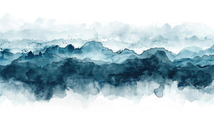 Soft blue watercolor mountains gracefully blend into a misty horizon, evoking a serene and tranquil atmosphere at sunset