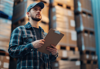 Canvas Print - A worker in overalls is holding a clipboard and taking notes while standing near the warehouse with boxes of goods