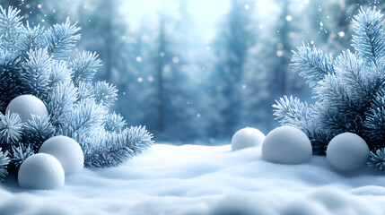 Wall Mural - A serene winter landscape with snow-covered trees and snowballs.