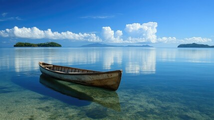 A traditional Fijian canoe on the calm waters of the Mamanuca Islands, with distant islands.