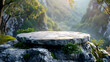 © Akharadat - Stone podium on rock platform 3d illustration, product display stand on grey rock pedestal, green forest and blurred background, natural scenery landscape.