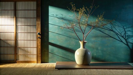 Wall Mural - Simple vase with branches in a serene room.