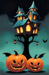 Stylized Halloween-themed illustration featuring two carved pumpkins with menacing faces in the foreground