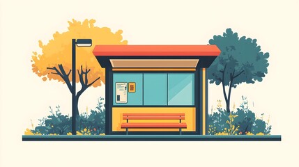 Wall Mural - flat design of a bus stop with a bench and sign using simple shapes