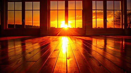 Poster - Sun setting through large window panels.