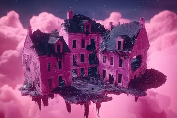 Wall Mural - Surreal floating castle amidst pink cloudy sky