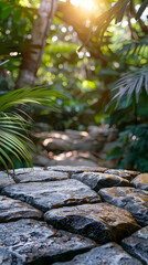 Wall Mural - Stone podium on rock platform 3d illustration, product display stand on grey rock pedestal, green forest and blurred background, natural scenery landscape.