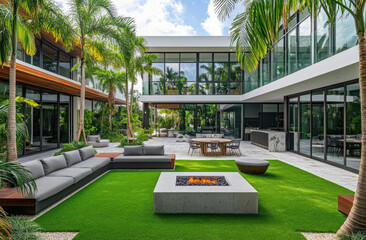 Wall Mural - the front yard and backyard, with green grass, patio seating area, fire pit, swimming pool in the background, a large modern home, palm trees