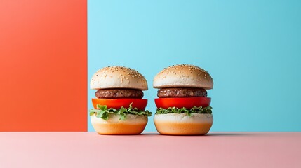 two sesame seed burgers with tomato and lettuce on a pink and blue background