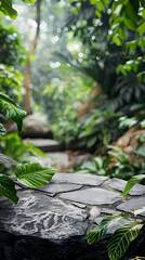 Wall Mural - Stone podium on rock platform 3d illustration, product display stand on grey rock pedestal, green forest and blurred background, natural scenery landscape.