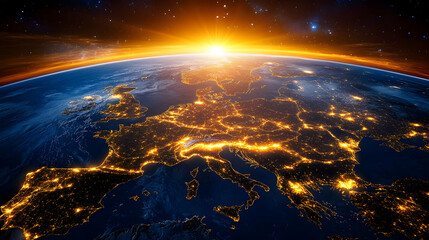 Wall Mural - A stunning view of Earth from space at sunrise, highlighting cities.