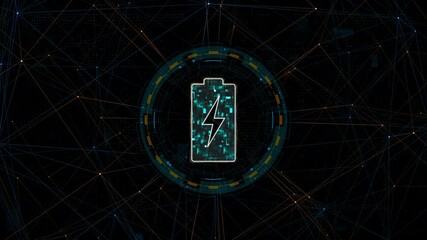 Poster - motion graphic of blue digital battery logo with circle futuristic hud elements and orange line conn