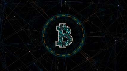 Poster - motion graphic of blue digital money logo with circle futuristic hud elements and orange line connec