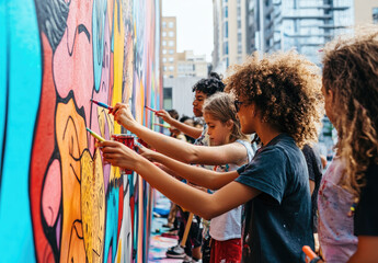 Canvas Print - diverse people painting a colorful mural on a city wall, side view with focus on children and adults painting together.