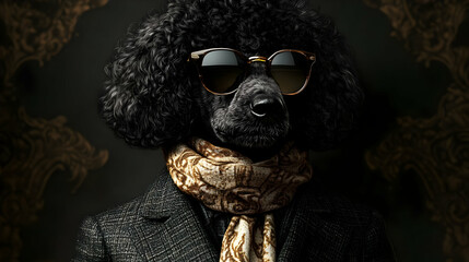 Canvas Print - A stylish dog wearing sunglasses and a scarf in a formal setting.