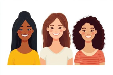 Group of happy smiling women of different race together. Flat style illustration isolated on white. Feminism diversity tolerance girl power concept, Generative AI