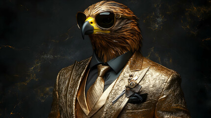 Sticker - A stylized eagle in a golden suit and sunglasses.