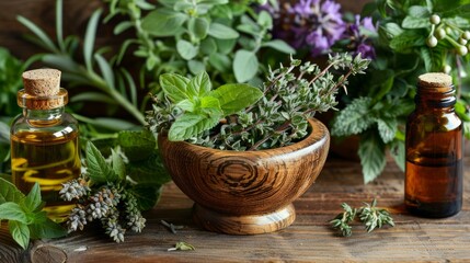 Homeopathy and herbal medicine concept. Granite mortar and pestle with flowers and herbs, glass bottles with flowers and nature crystals stones