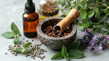 Homeopathy and herbal medicine concept. Granite mortar and pestle with flowers and herbs, glass bottles with flowers and nature crystals stones