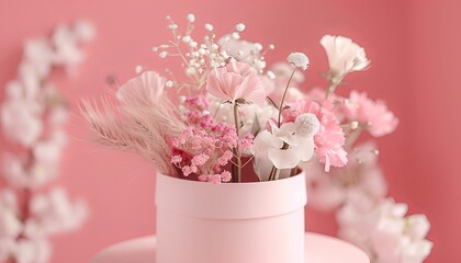 Blooming Elegance: A Hat Round Box Flower Arrangement on a Pink Background for Special Occasions