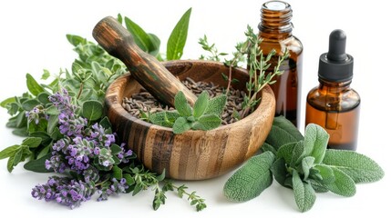 Herbs in mortar with pestle and organic essential aroma oil in glass bottle isolated on white background. Herbal medicine concept.