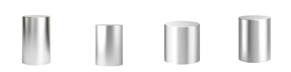 Set of four modern, glossy cylindrical objects showcasing varying heights and finishes, ideal for design and decor applications. isolated on a transparent background