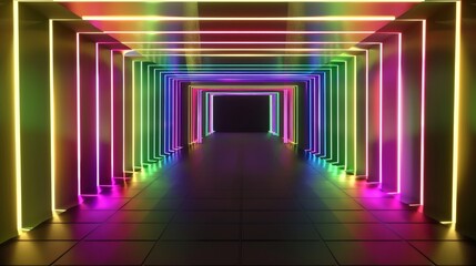 Poster - Vibrant 3D rendering of an abstract bright neon frame, featuring luminous neon lines forming a rectangular path, perfect for web backgrounds and laser show displays