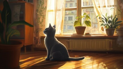 Wall Mural - Russian Blue cat lounging on a wooden floor in a cozy Russian-style living room.