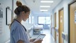 © keetazalay - Nurse using a digital tablet to update patient records in a modern hospital ward filled with natural light