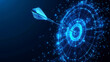 © Hikmet - Business achievement with a target goal on a blue background. Features a dart hitting the bullseye on a dartboard, depicted in low-poly wireframe. Vector illustration with a fantastic design.