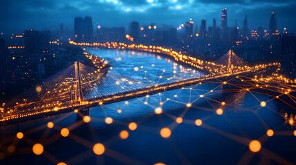 Canvas Print - A vibrant cityscape at night with illuminated bridges and water.