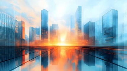 Sticker - A vibrant cityscape at sunset with reflective surfaces.