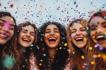 group of happy people mixed ages generations women having fun all together during celebration party - view of fiends blowing. coloured confetti and laugh a lot in, Generative AI