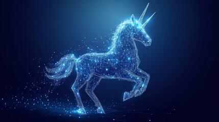 Wall Mural - Business unicorn startup aiming for success with technology on a blue background. Features a low-poly wireframe design. Represents creative ideas, innovation, venture capital, and wealth. 