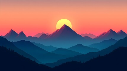 Wall Mural - a simple flat design of a mountain range at dawn