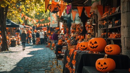 A Halloween-themed street market with vendors selling spooky crafts jack o lanterns and witch hats under orange and black banners