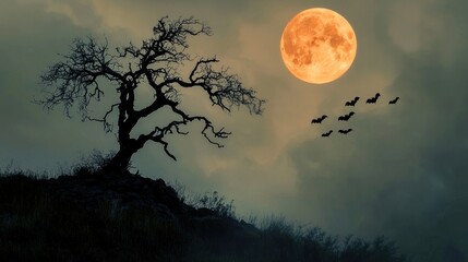 Wall Mural - a full moon rising over a spooky hilltop with a single gnarled tree silhouetted against the sky bats