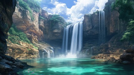 Sticker - Serene Waterfall in a Lush Canyon