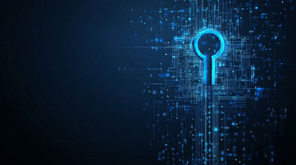 Poster - key security data identity technology set against a blue background. features a padlock with a line 