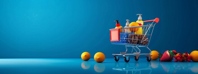 Mini shopping cart filled with groceries on blue background